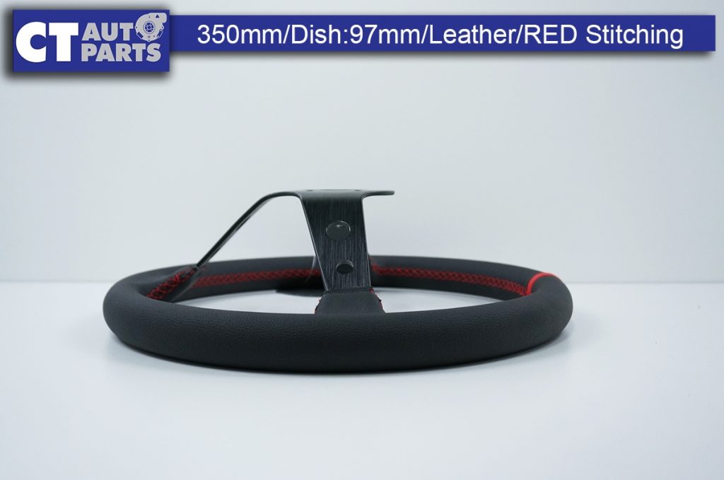 350mm Steering Wheel LEATHER RED Stitching 97mm DEEP Dish-9121