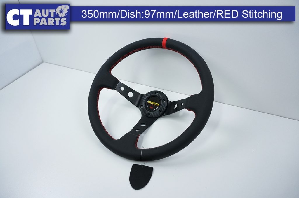 350mm Steering Wheel LEATHER RED Stitching 97mm DEEP Dish-9122