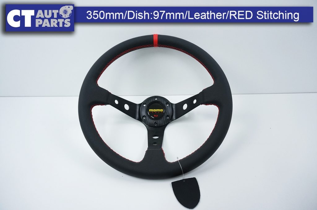 350mm Steering Wheel LEATHER RED Stitching 97mm DEEP Dish-0