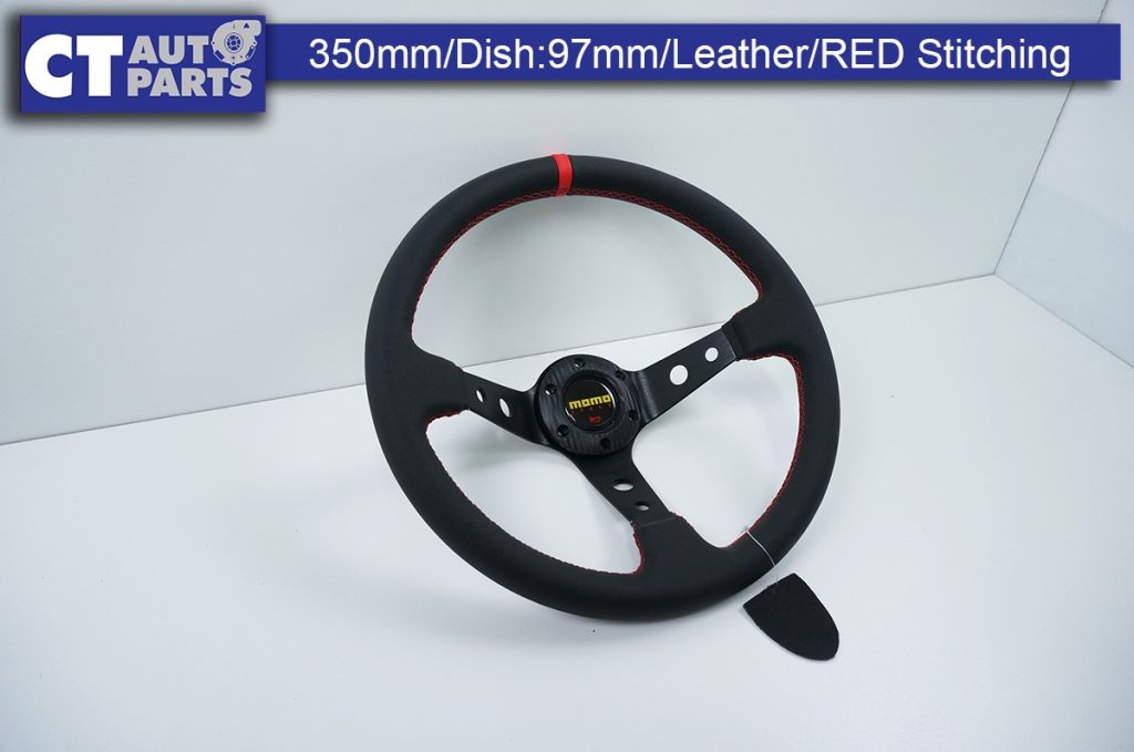 350mm Steering Wheel LEATHER RED Stitching 97mm DEEP Dish-9124