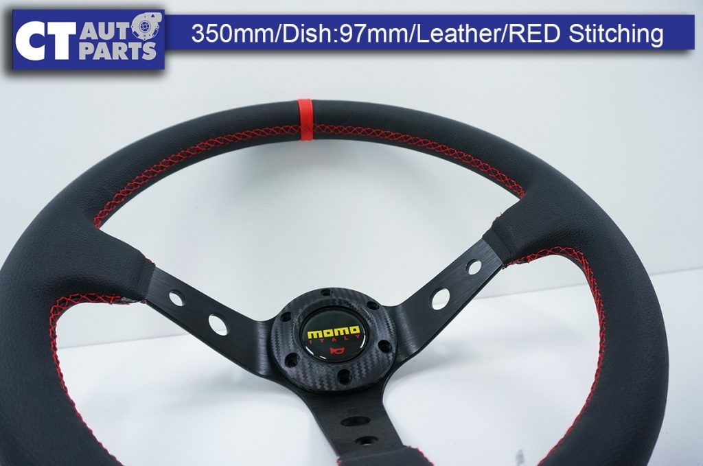 350mm Steering Wheel LEATHER RED Stitching 97mm DEEP Dish-9125