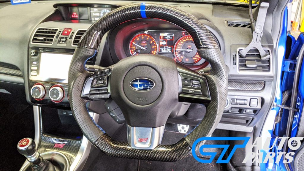 Carbon Fibre LEATHER Steering Wheel BLUE Line BLUE Stitching for 2014-2020 SUBARU WRX / STI / LEVORG-14646