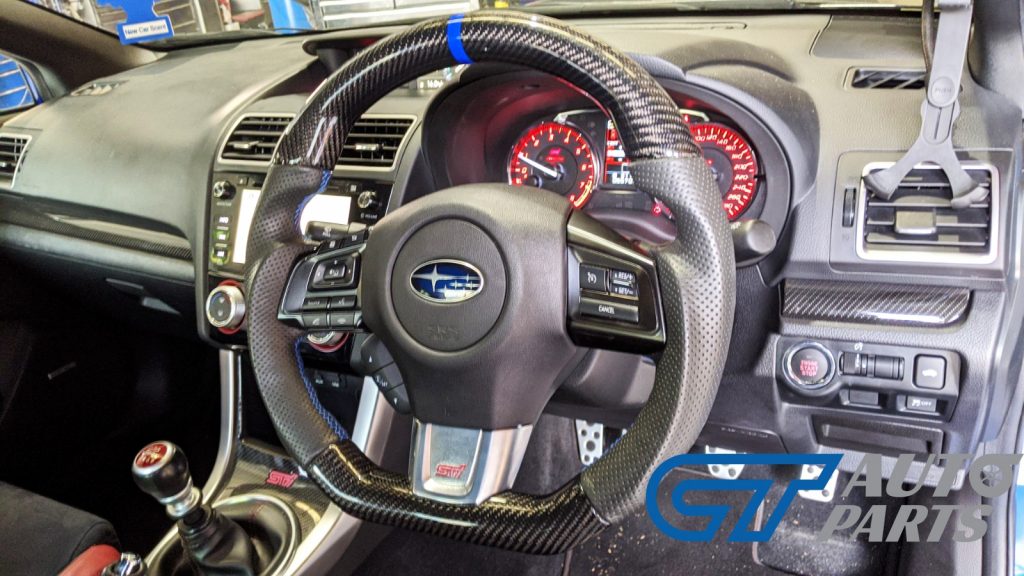 Carbon Fibre LEATHER Steering Wheel BLUE Line BLUE Stitching for 2014-2020 SUBARU WRX / STI / LEVORG-0